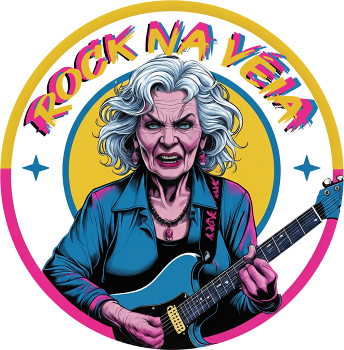 Selo da banda Rock na Véia: senhora de cabelos prateados tocando guitarra